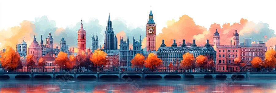 Foto Panorama Londres Aquarela Big Ben Rio Tâmisa Outono