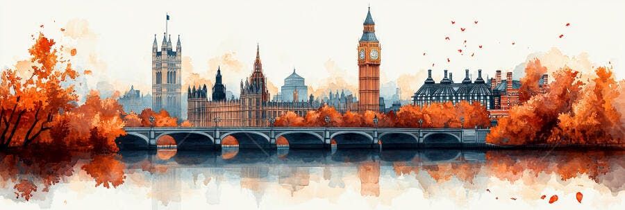 Ilustração Aquarela Londres Outono Big Ben Ponte Tâmisa