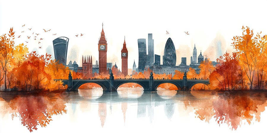 Ilustração Londres Outono Ponte Rio Tâmisa Aquarela