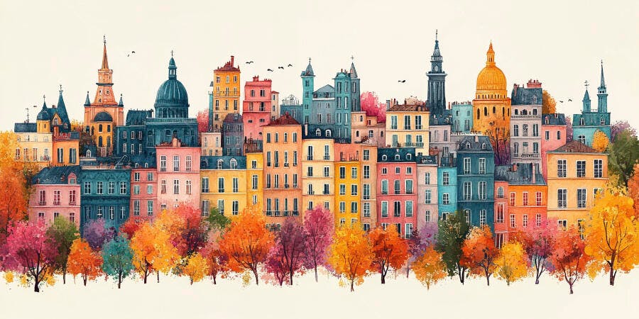 Ilustração Cidade Europeia Outono Aquarela Colorida