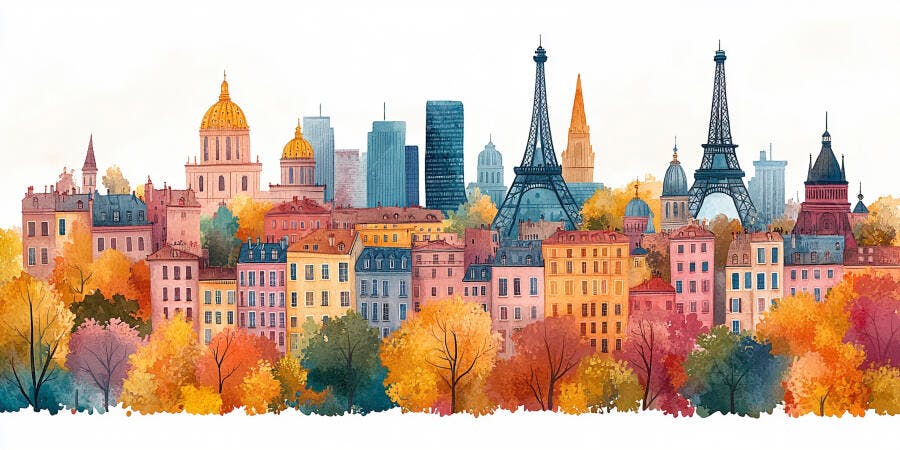 Ilustração Aquarela Paris Outono Torre Eiffel Casas Coloridas
