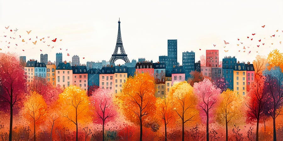 Ilustração Paris Outono Torre Eiffel Árvores Coloridas