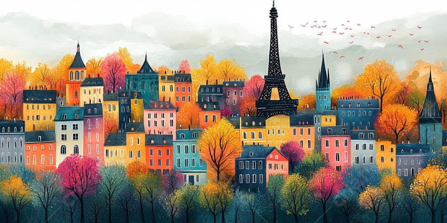Ilustração Paris Torre Eiffel Casas Coloridas Outono