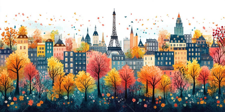 Ilustração Paris Outono Torre Eiffel Aquarela