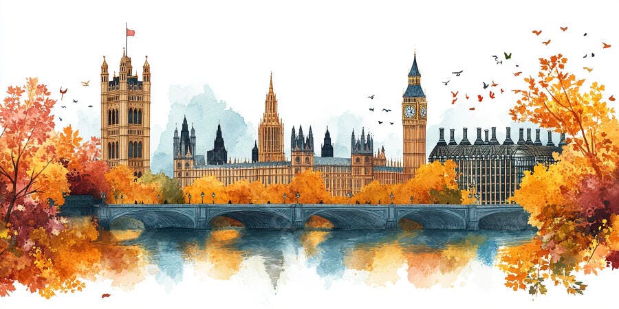 Ilustração Aquarela Londres Outono Big Ben Parlamento
