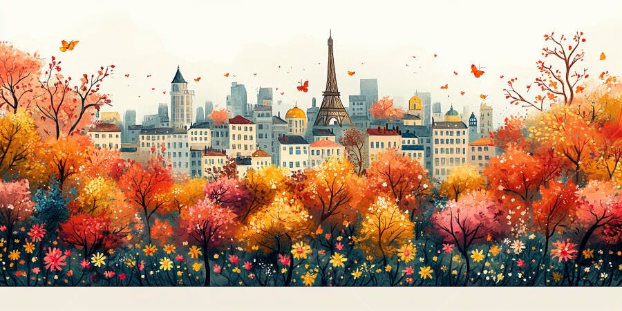 Ilustração Paris Outono Torre Eiffel Árvores Coloridas