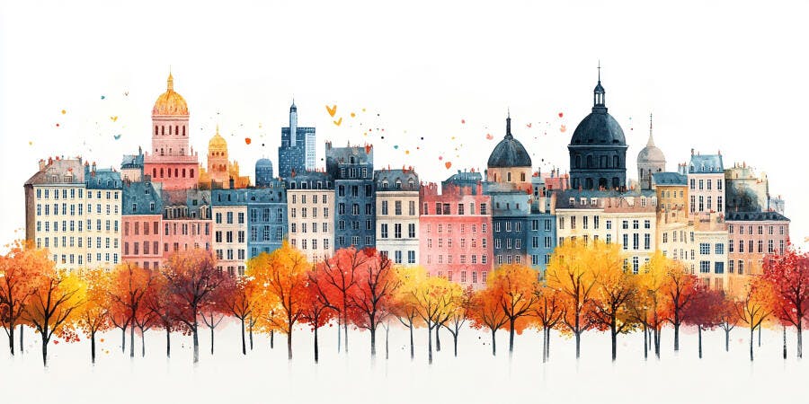 Pintura Aquarela Cidade Outono Árvores Coloridas