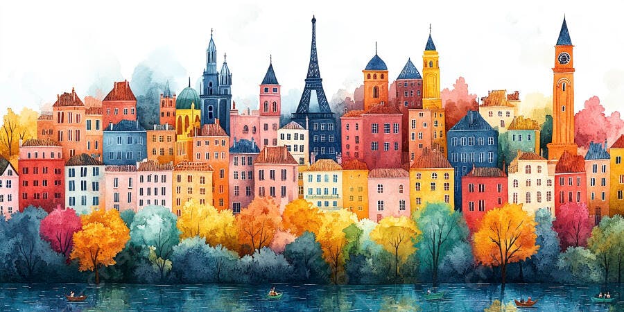 Pintura Aquarela Cidade Europeia Colorida Rio e Torre Eiffel