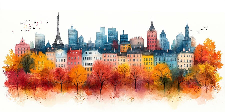 Ilustração Aquarela Cidade Europeia Outono Torre Eiffel