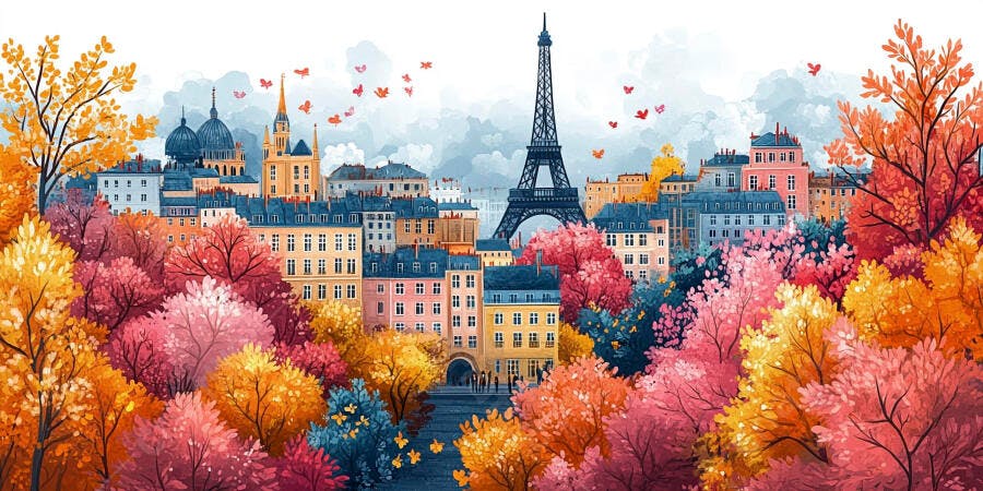 Ilustração Paris Torre Eiffel Outono Cores Vibrantes