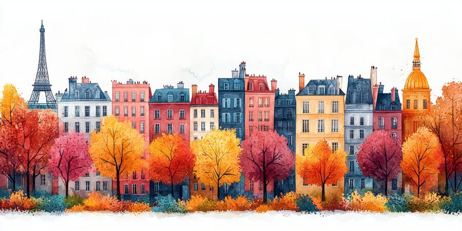 Ilustração Paris Outono Torre Eiffel Prédios Coloridos