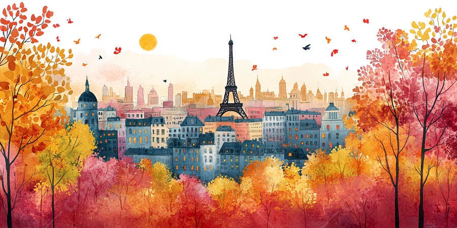 Paisagem Paris Outono Torre Eiffel Aquarela Ilustração