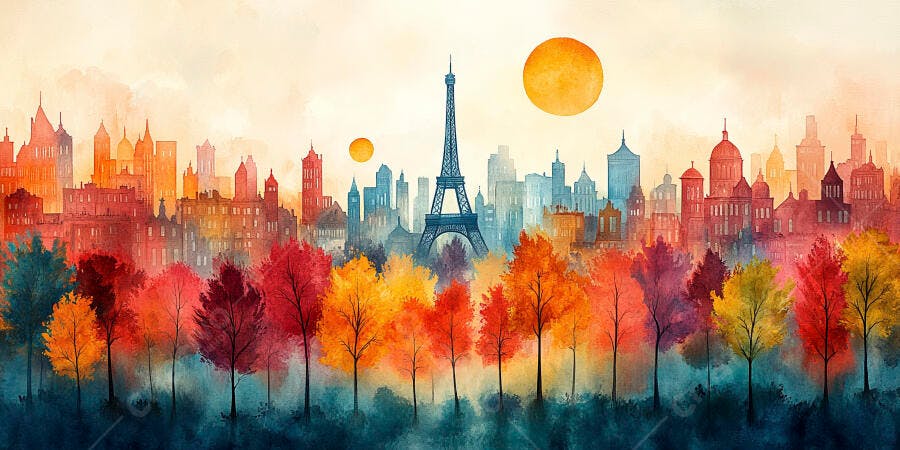 Pintura Aquarela Paris Torre Eiffel Outono Cores Vibrantes