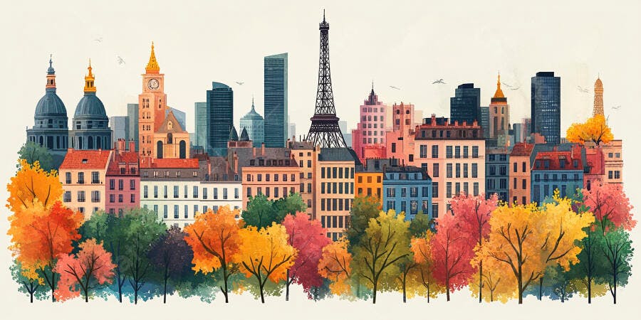 Ilustração Aquarela Paris Outono Torre Eiffel Edifícios