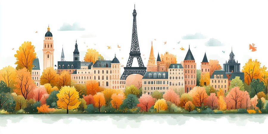 Ilustração Paris Outono Torre Eiffel Casas Árvores Coloridas