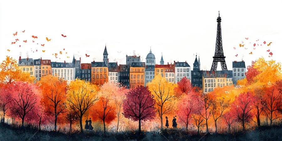 Pintura Aquarela Paris Outono Torre Eiffel Árvores Coloridas