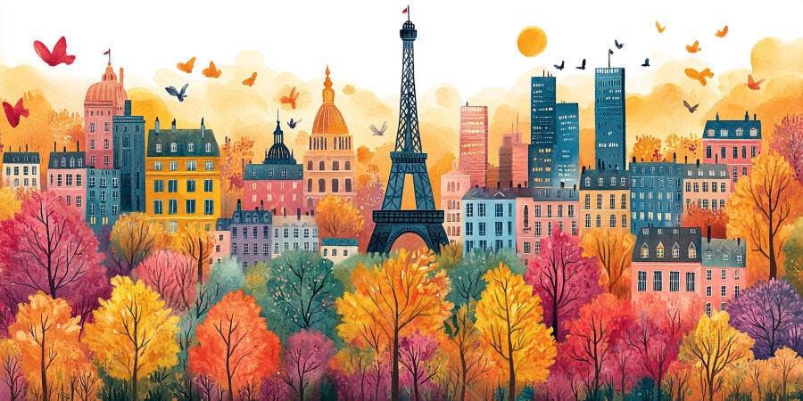 Ilustração Paris Outono Torre Eiffel Aquarela Colorida