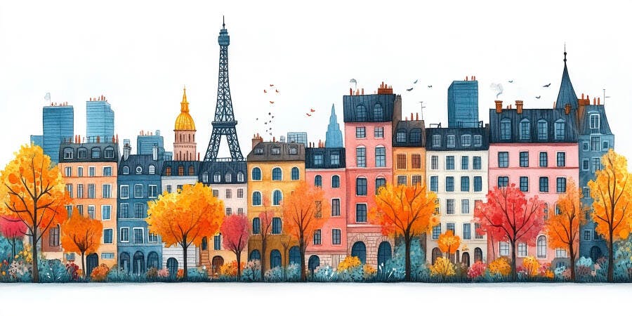 Ilustração Paris Outono Torre Eiffel Casas Coloridas