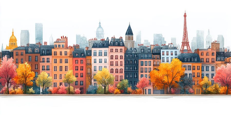 Ilustração Paris Outono Torre Eiffel Prédios Coloridos