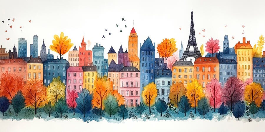 Ilustração Aquarela Paris Outono Torre Eiffel Colorida