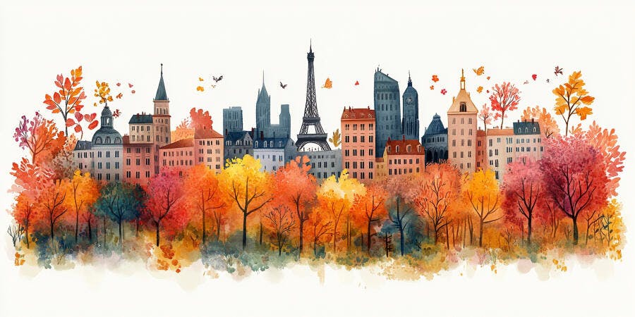 Ilustração Aquarela Cidade Europeia Outono Torre Eiffel