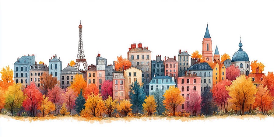 Ilustração Aquarela Paris Outono Torre Eiffel Casas Coloridas