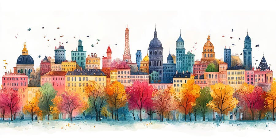 Ilustração Aquarela Cidade Outono Árvores Coloridas