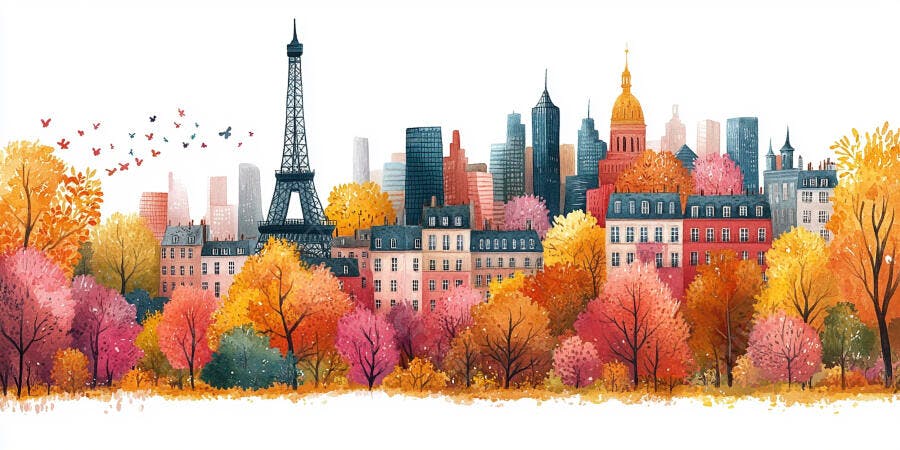 Ilustração Paris Outono Torre Eiffel Aquarela