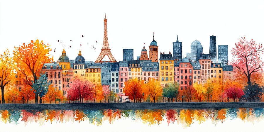 Ilustração Aquarela Paris Outono Torre Eiffel Rio