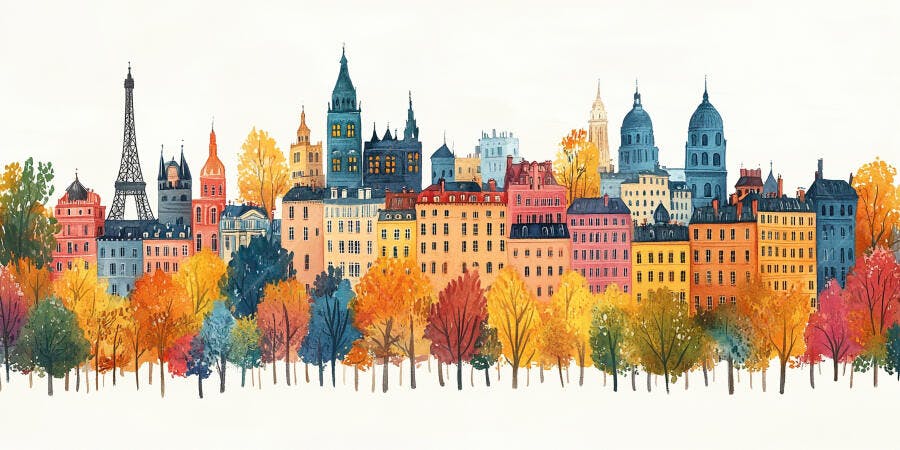 Ilustração Aquarela Paris Outono Torre Eiffel Edifícios Coloridos