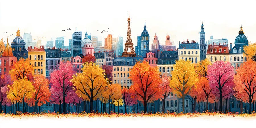 Ilustração Cidade Paris Outono Torre Eiffel Árvores Coloridas