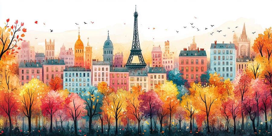Ilustração Aquarela Paris Outono Torre Eiffel Casas Coloridas