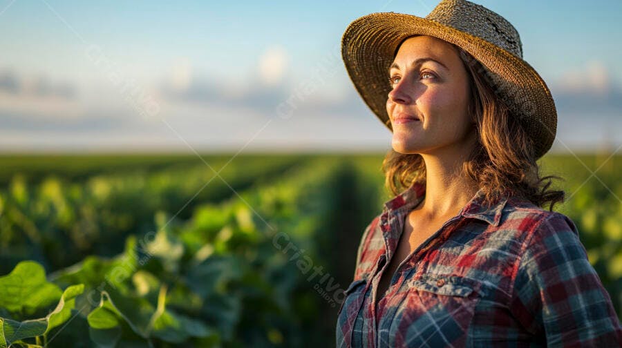 Foto Mulher Agricultora Jovem Olhando Horizonte Campo de Soja