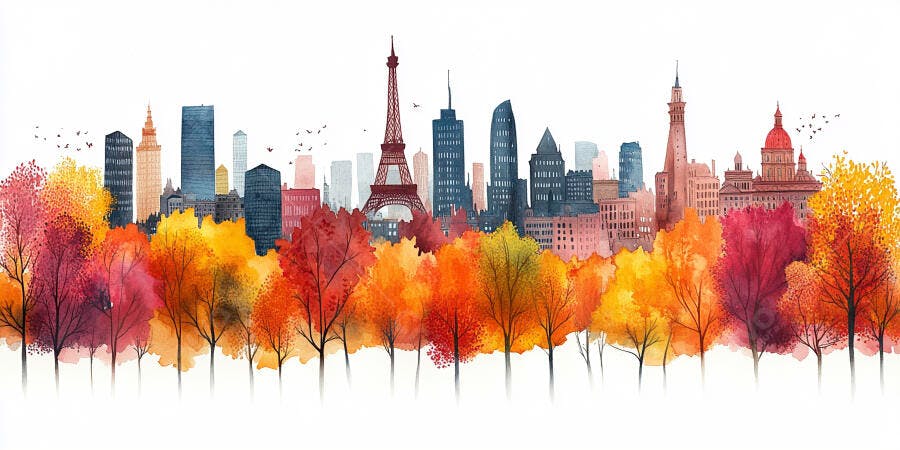 Ilustração Aquarela Cidade Outono Árvores Coloridas