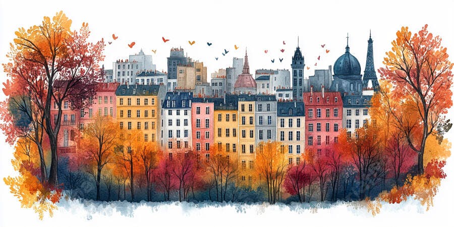 Ilustração Aquarela Paris Outono Edifícios Coloridos