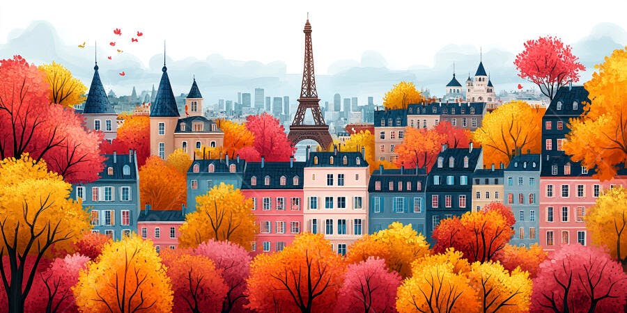 Ilustração Paris Outono Torre Eiffel Casas Coloridas