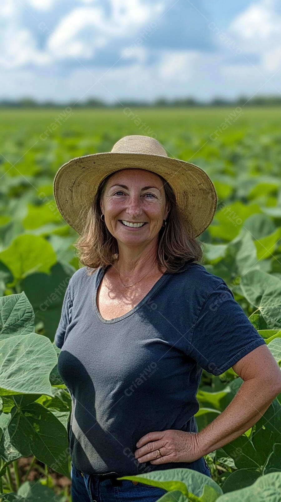 Foto Mulher Sorrindo Chapéu Palha Campo Verde Agricultura