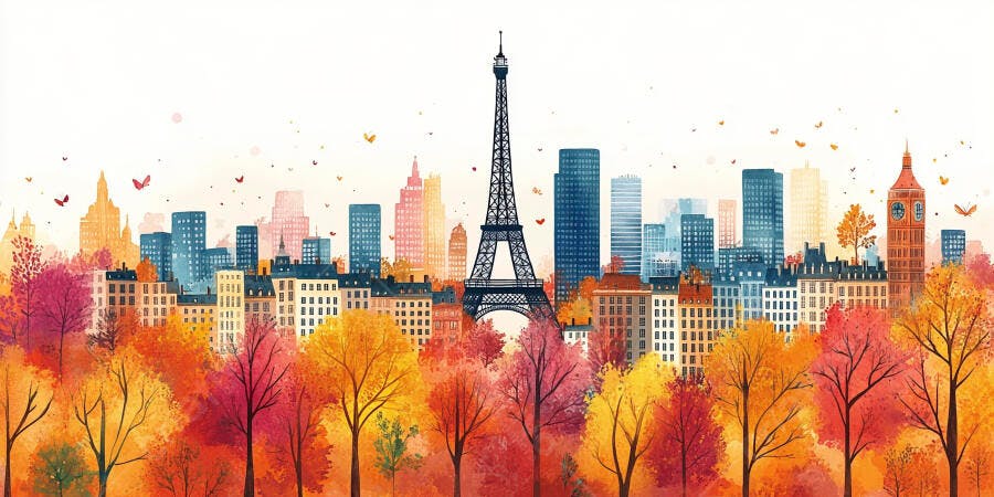 Ilustração Paris Outono Torre Eiffel Aquarela