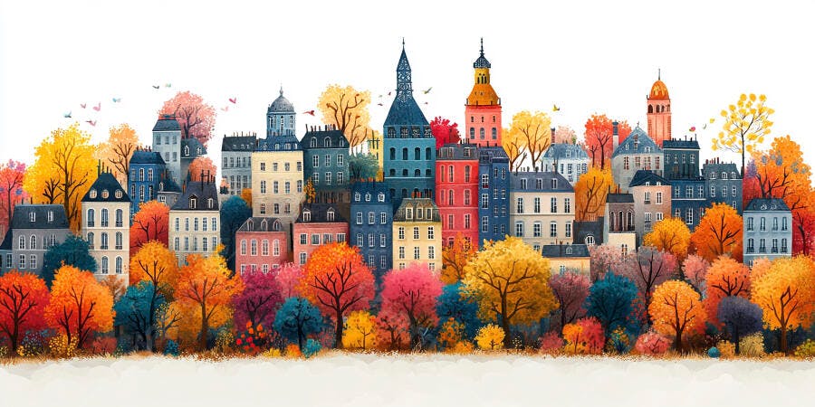 Ilustração Cidade Outono Cores Vibrantes Edifícios Antigos