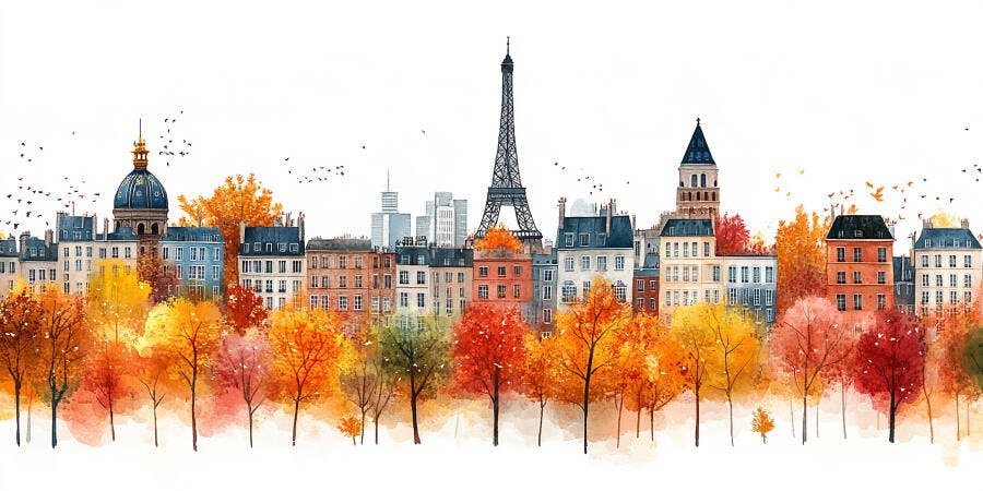 Ilustração Aquarela Paris Outono Torre Eiffel Árvores Coloridas