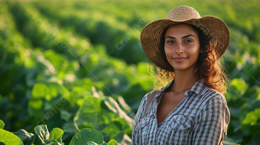 Foto Mulher Agricultora Sorrindo Campo Plantação Verde