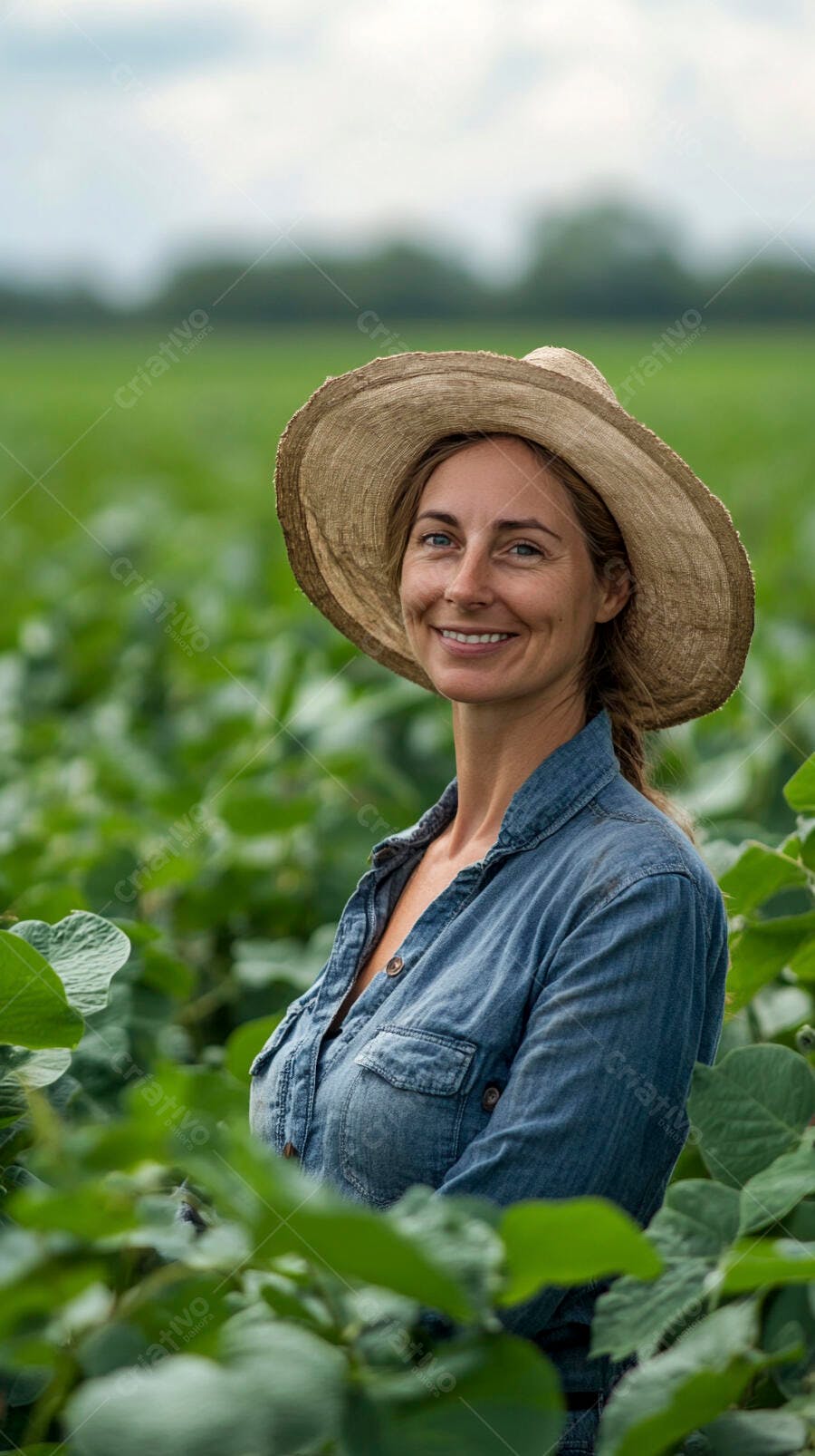 Foto Mulher Agricultora Sorrindo Campo Verde Chapéu de Palha