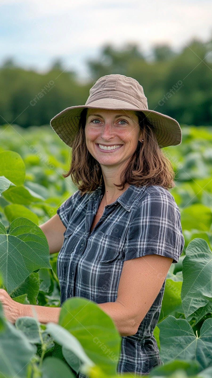 Foto Mulher Agricultora Sorrindo Campo de Plantação Chapéu