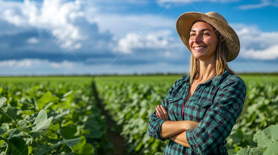 Foto Mulher Fazendeira Sorrindo Campo Agrícola Soja Chapéu