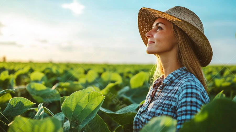 Foto Mulher Agricultora Chapéu Palha Campo Lavoura Soja