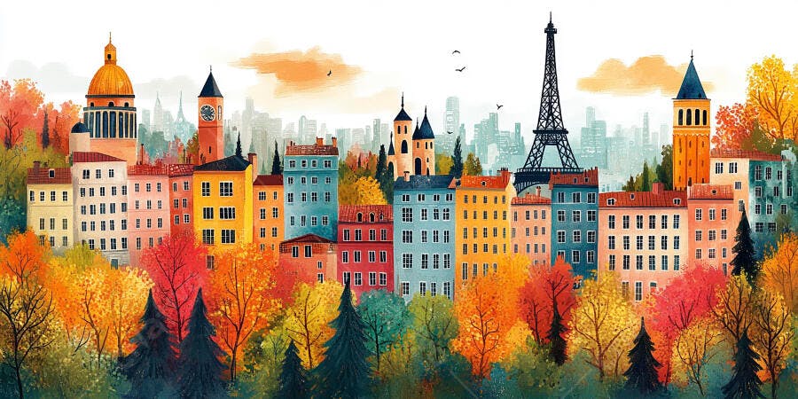 Ilustração Cidade Europeia Outono Torre Eiffel Casas Coloridas