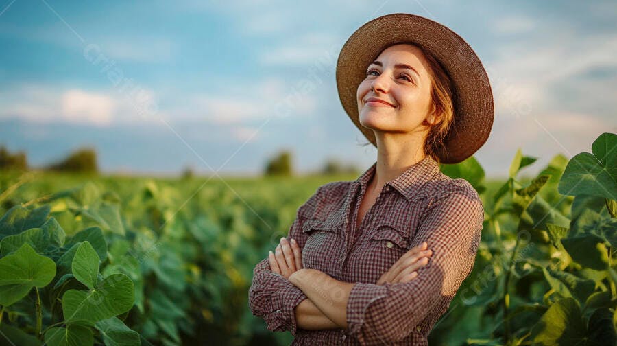Foto Mulher Fazendeira Sorrindo Campo de Soja Pôr do Sol