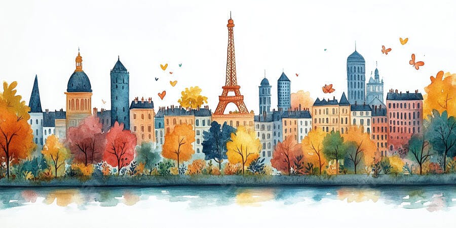 Ilustração Aquarela Paris Outono Torre Eiffel Rio Sena