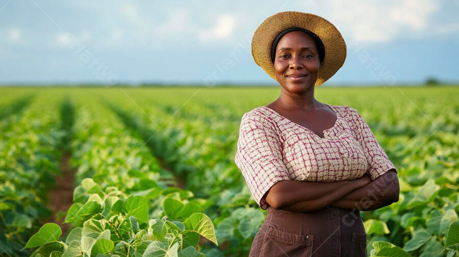 Foto Mulher Negra Agricultora Sorrindo Campo de Soja