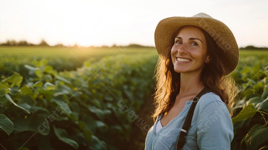 Foto Mulher Sorrindo Chapéu Fazendeira Campo Agrícola